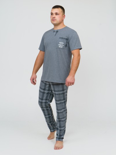 Пижама мужская Олимп кор.рукав серый/клетка
