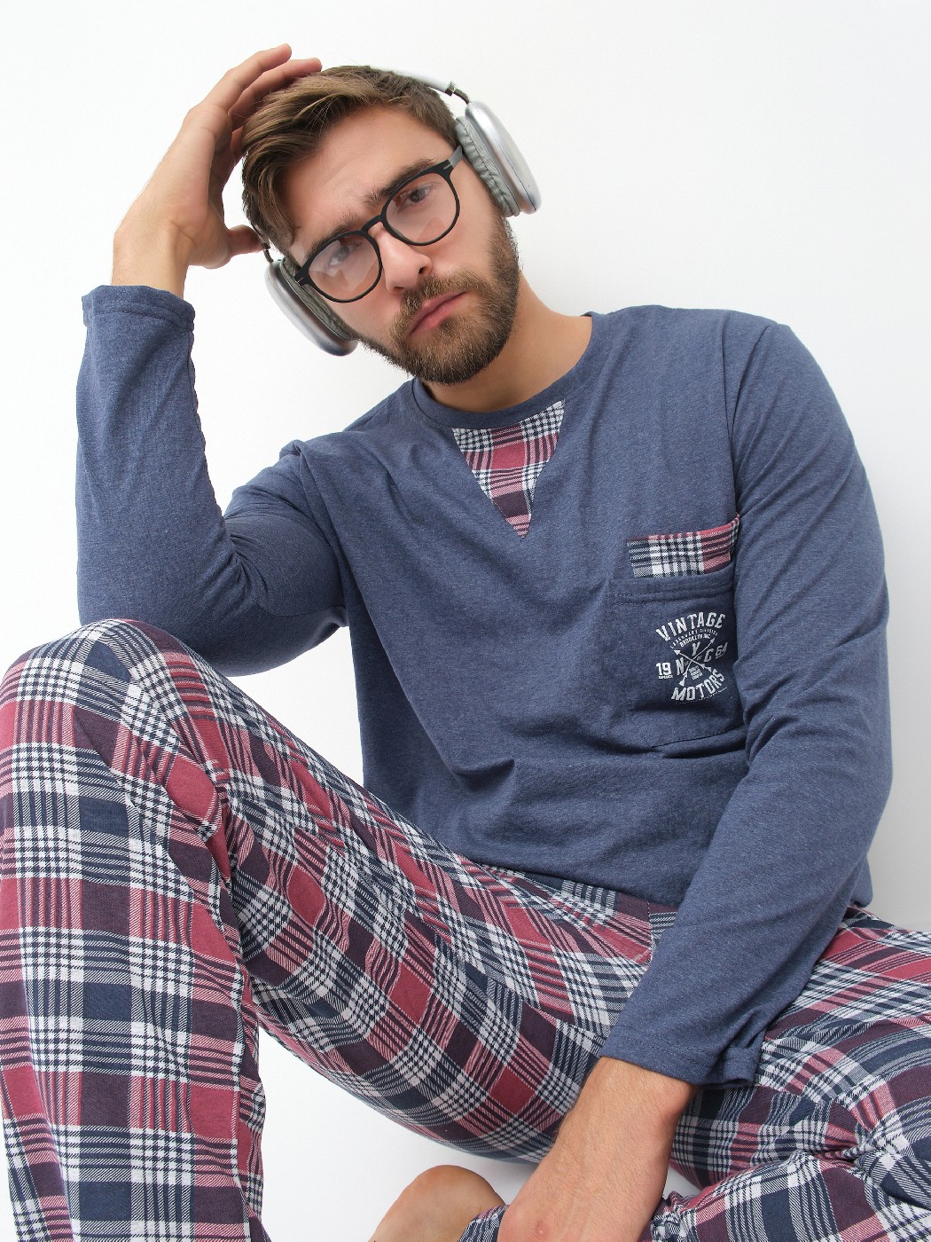 Пижама мужская Олимп дл.рукав бордо/клетка