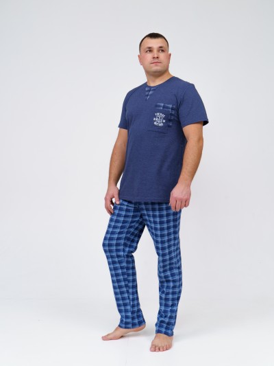 Пижама мужская Олимп кор.рукав синий/клетка