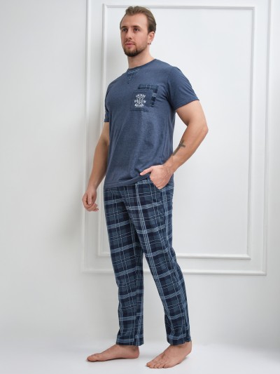 Пижама мужская Олимп кор.рукав индиго/клетка