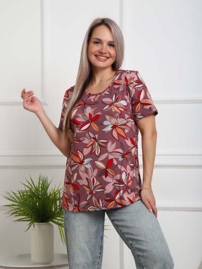 Футболка женская с карманами брусника/абстракция