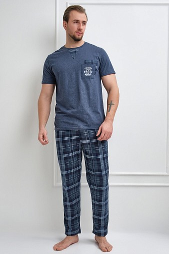 Пижама мужская Олимп кор.рукав индиго/клетка