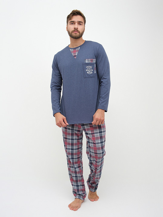 Пижама мужская Олимп дл.рукав бордо/клетка