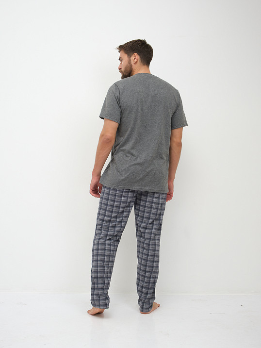 Пижама мужская Олимп кор.рукав серо-синий/клетка