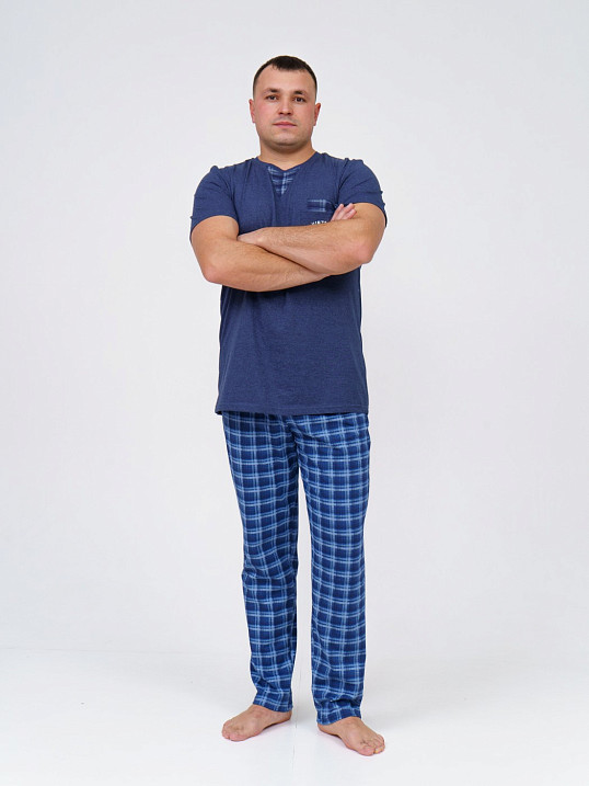 Пижама мужская Олимп кор.рукав синий/клетка