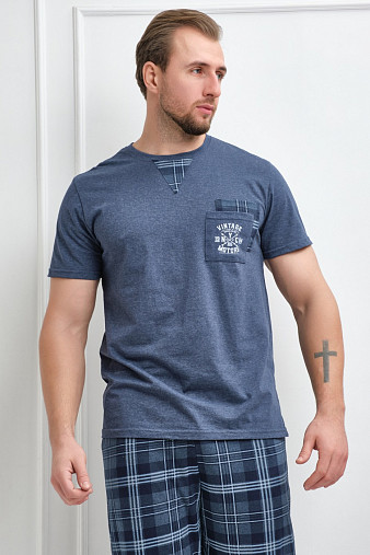 Пижама мужская Олимп кор.рукав индиго/клетка