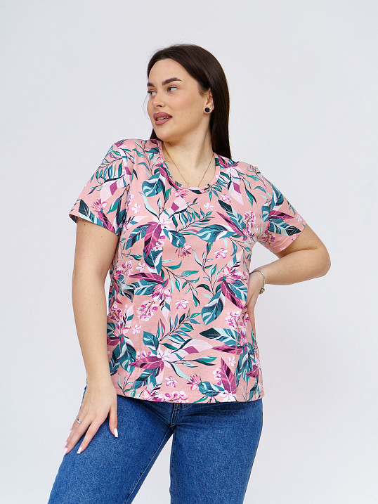 Футболка женская с карманами персик/тропики