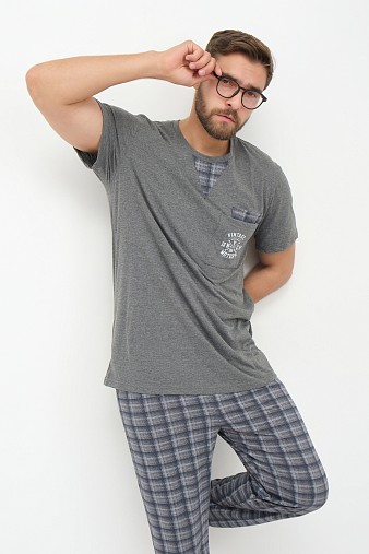 Пижама мужская Олимп кор.рукав серо-синий/клетка