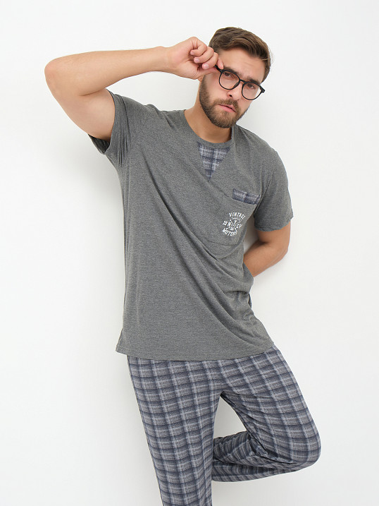 Пижама мужская Олимп кор.рукав серо-синий/клетка