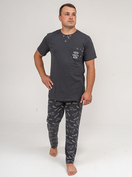Пижама мужская Олимп кор.рукав антрацит/буквы