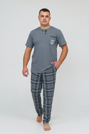 Пижама мужская Олимп кор.рукав серый/клетка