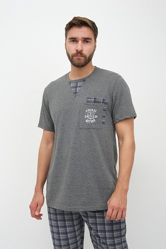 Пижама мужская Олимп кор.рукав серо-синий/клетка