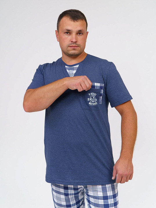 Пижама мужская Олимп кор.рукав св.серый/клетка