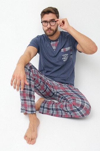 Пижама мужская Олимп кор.рукав бордо/клетка