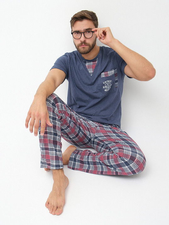 Пижама мужская Олимп кор.рукав бордо/клетка