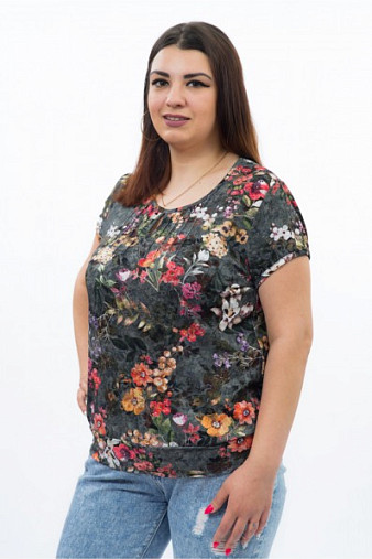 Блузка Регина короткий рукав зелёный/цветы