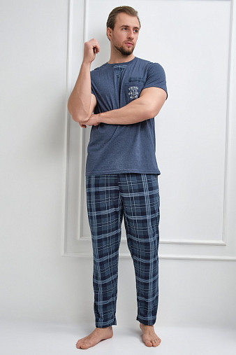 Пижама мужская Олимп кор.рукав индиго/клетка