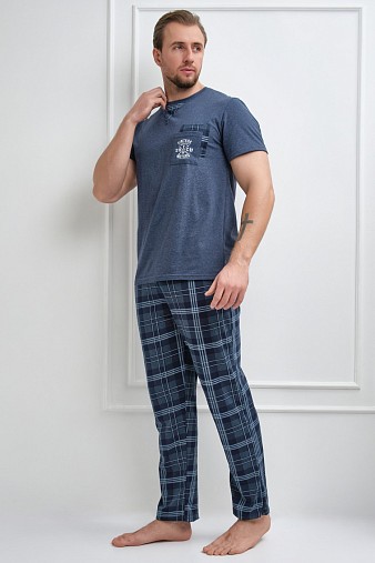 Пижама мужская Олимп кор.рукав индиго/клетка
