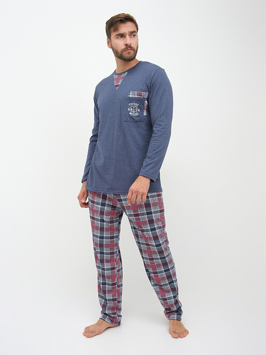 Пижама мужская Олимп дл.рукав бордо/клетка