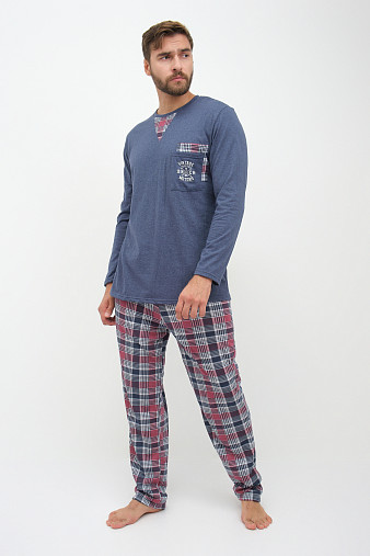 Пижама мужская Олимп дл.рукав бордо/клетка