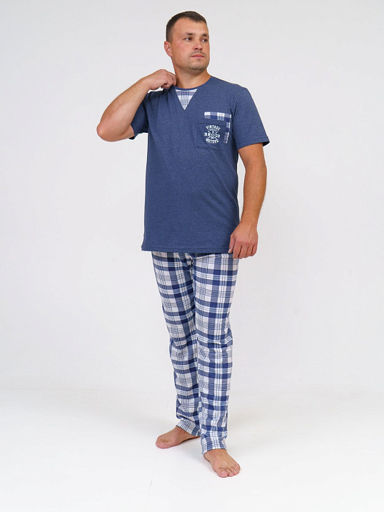 Пижама мужская Олимп кор.рукав св.серый/клетка