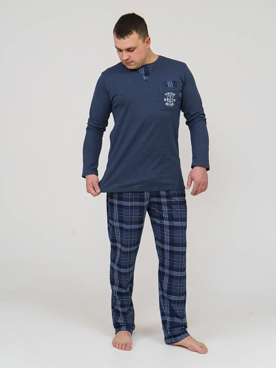 Пижама мужская Олимп дл.рукав индиго/клетка
