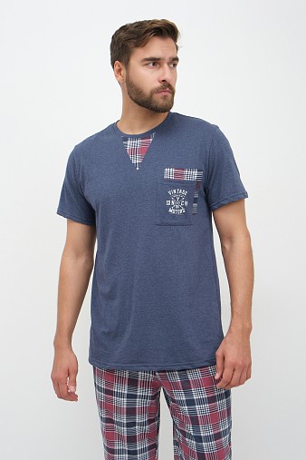 Пижама мужская Олимп кор.рукав бордо/клетка