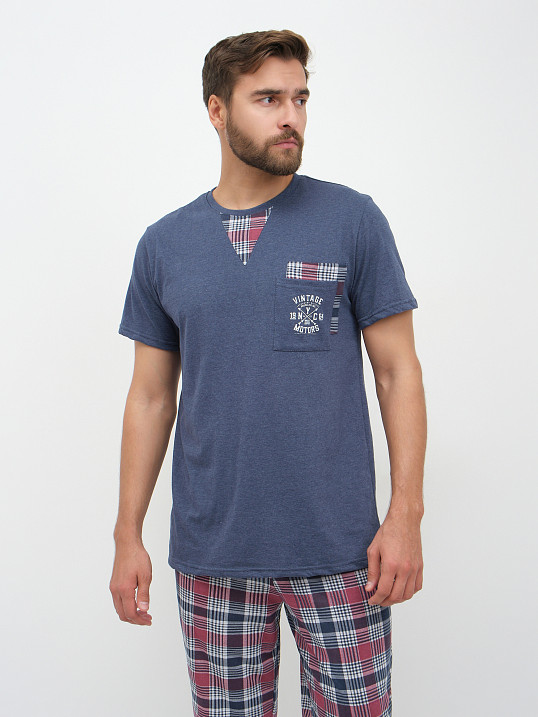 Пижама мужская Олимп кор.рукав бордо/клетка