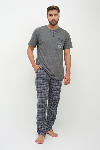 Пижама мужская Олимп кор.рукав серо-синий/клетка