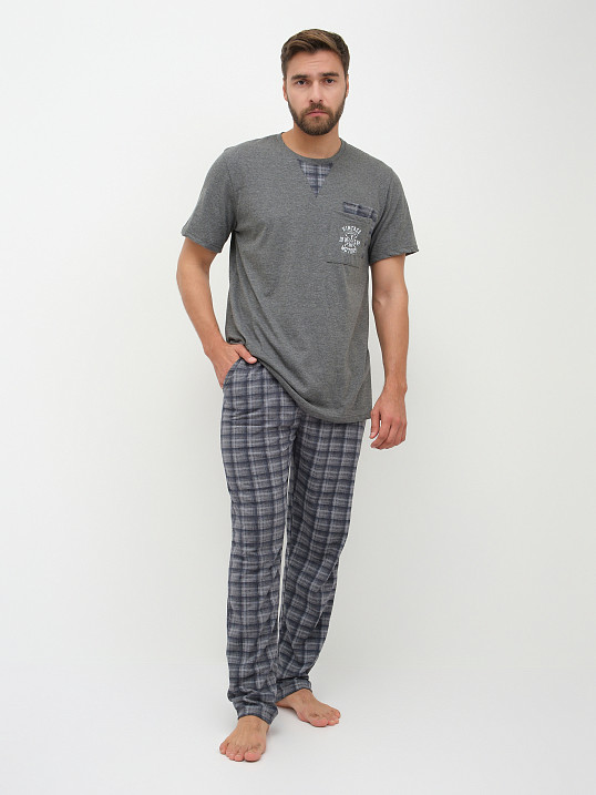 Пижама мужская Олимп кор.рукав серо-синий/клетка