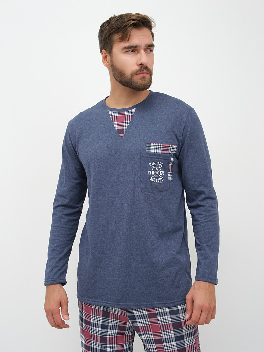 Пижама мужская Олимп дл.рукав бордо/клетка