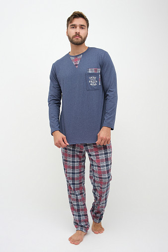 Пижама мужская Олимп дл.рукав бордо/клетка