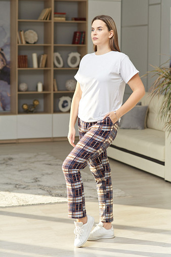 Брюки Силуэт сине-бежевый/клетка