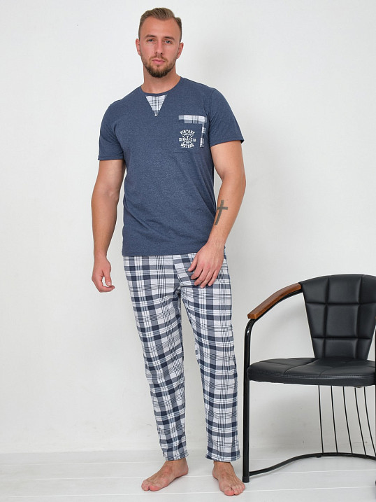 Пижама мужская Олимп кор.рукав св.серый/клетка