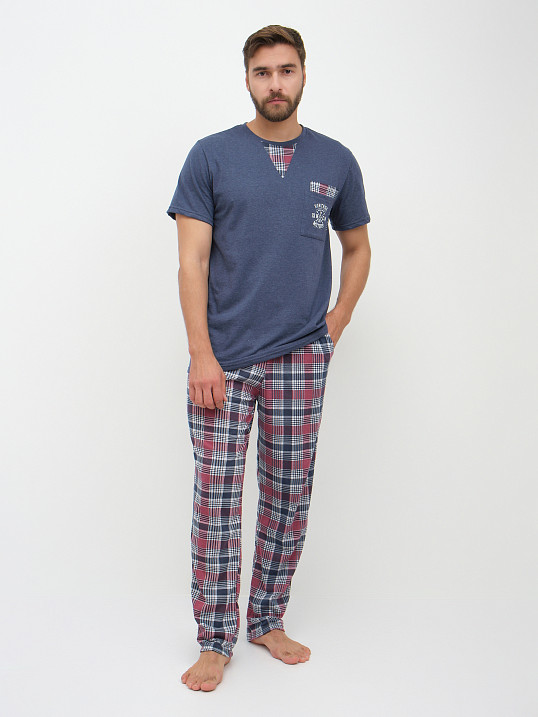 Пижама мужская Олимп кор.рукав бордо/клетка