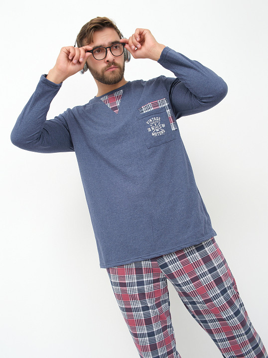 Пижама мужская Олимп дл.рукав бордо/клетка