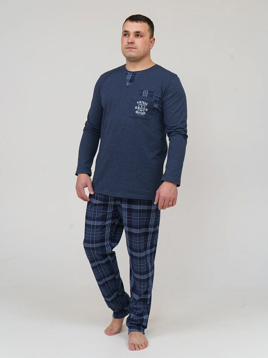 Пижама мужская Олимп дл.рукав индиго/клетка