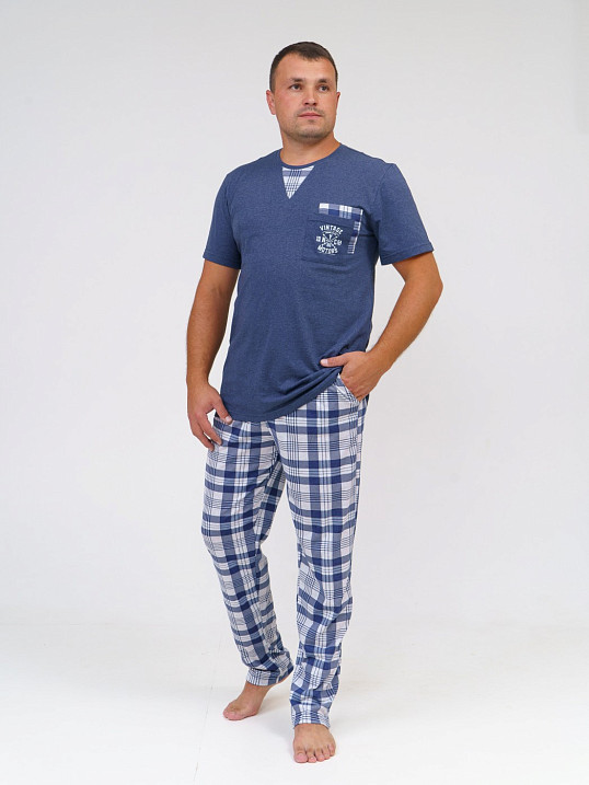 Пижама мужская Олимп кор.рукав св.серый/клетка