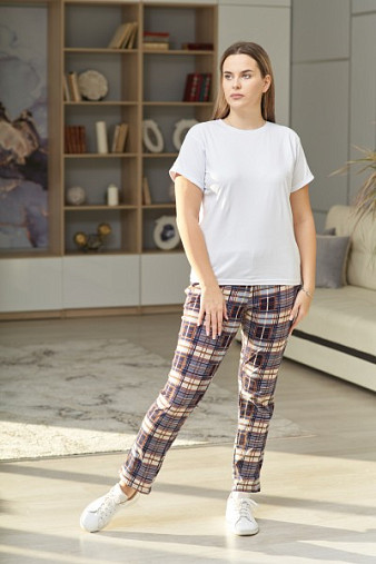 Брюки Силуэт сине-бежевый/клетка