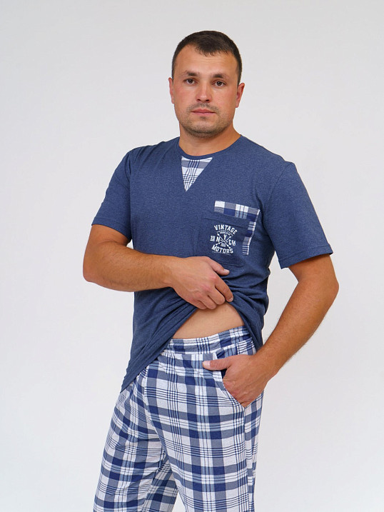 Пижама мужская Олимп кор.рукав св.серый/клетка