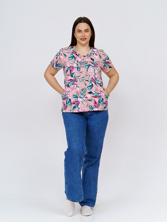 Футболка женская с карманами персик/тропики