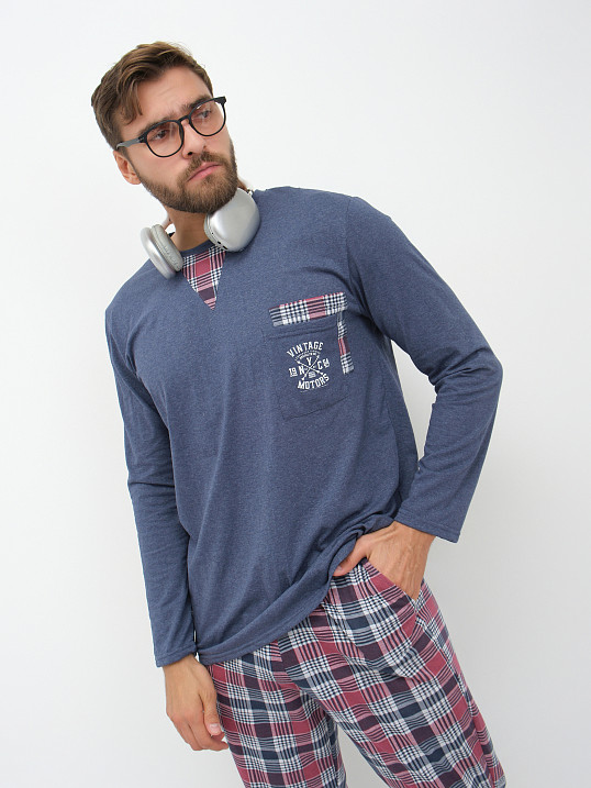 Пижама мужская Олимп дл.рукав бордо/клетка