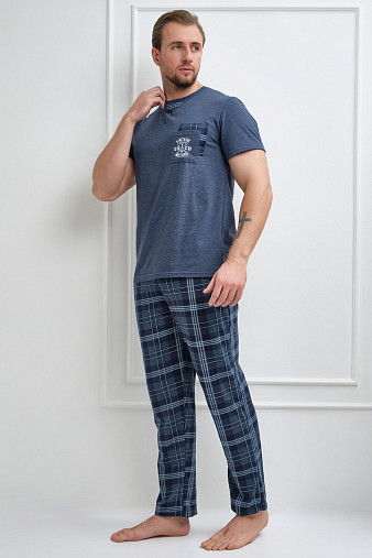 Пижама мужская Олимп кор.рукав индиго/клетка