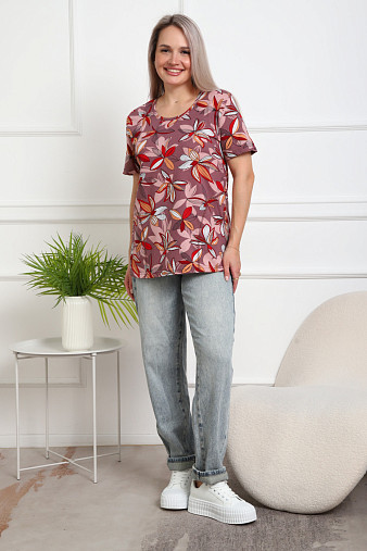 Футболка женская с карманами брусника/абстракция