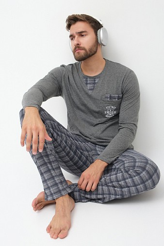 Пижама мужская Олимп дл.рукав серо-синий/клетка Пижама мужская Олимп дл.рукав серо-синий/клетка