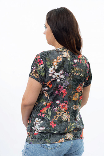 Блузка Регина короткий рукав зелёный/цветы