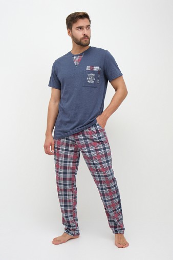Пижама мужская Олимп кор.рукав бордо/клетка