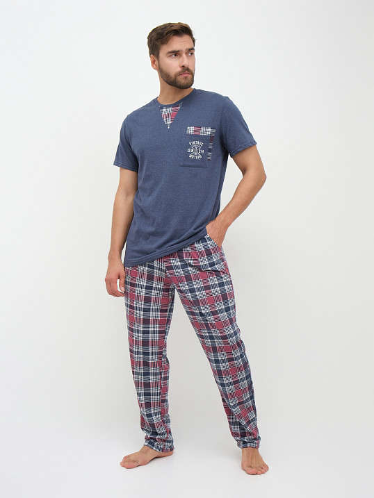 Пижама мужская Олимп кор.рукав бордо/клетка