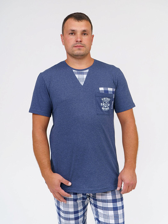 Пижама мужская Олимп кор.рукав св.серый/клетка