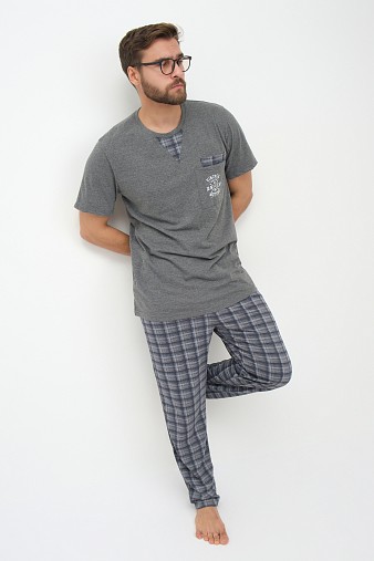 Пижама мужская Олимп кор.рукав серо-синий/клетка